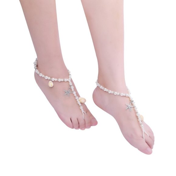 Barefoot Sandals With Starfish, Pearls & Cowrie Seashells for Beach Wedding NWT - Picture 3 of 5